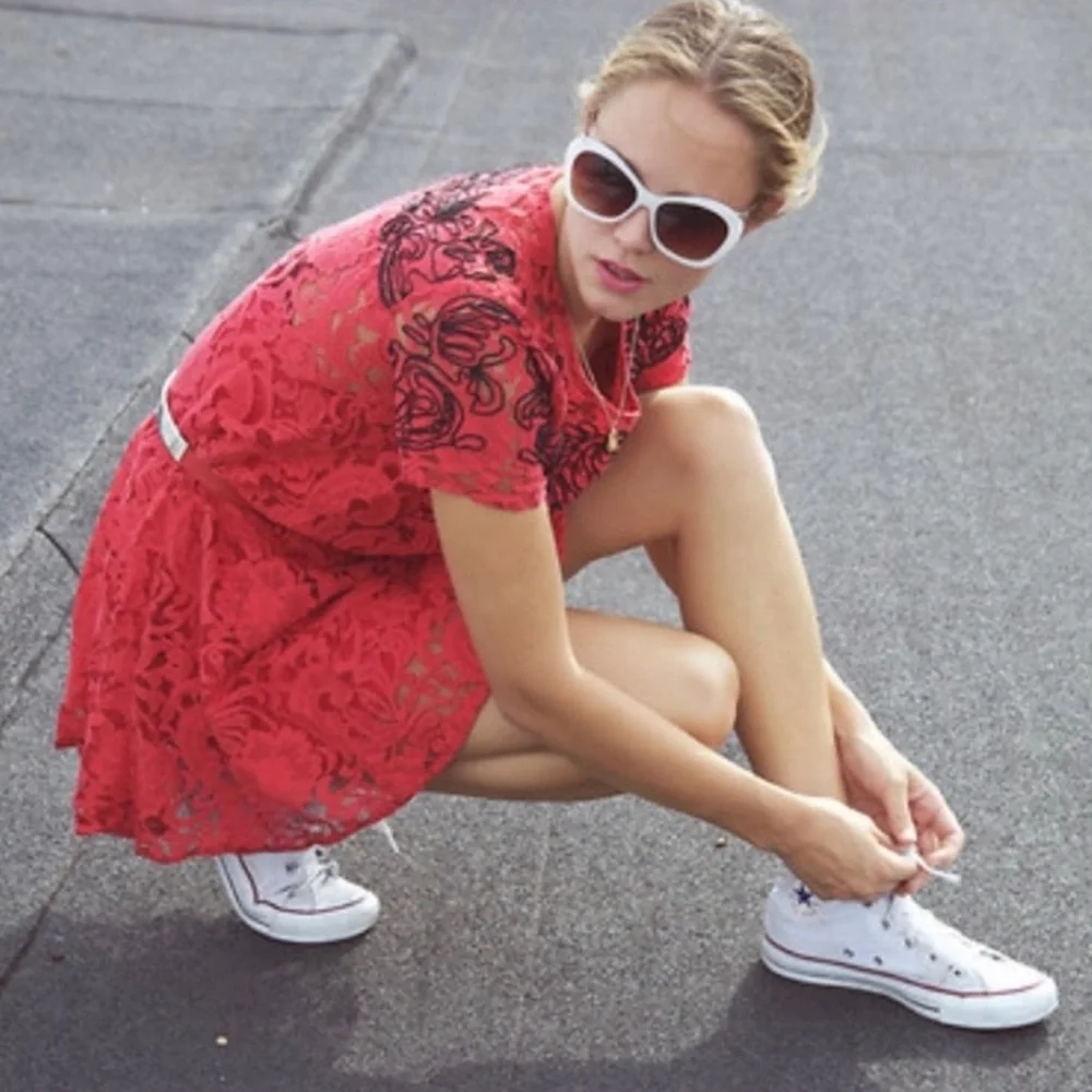Free People‎ Lace Dreamer Dress Red black Embroidered Boho short sleeve